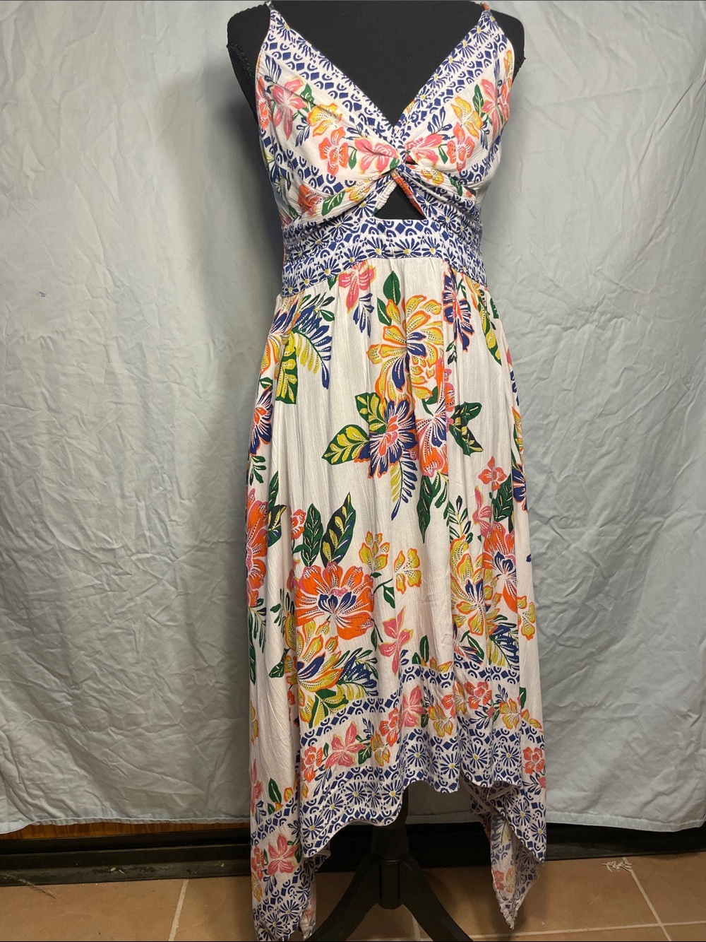 Angie White High-Low Dress with Coral, Yellow & Blue Floral Print